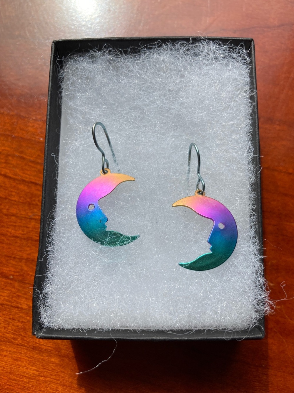 Titanium Iridescent Crescent Moon Face Drop Earrings